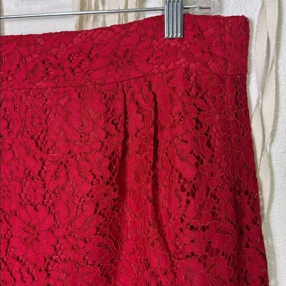 J. Crew Red Lace Pintuck Below Knee Pencil Skirt size 14